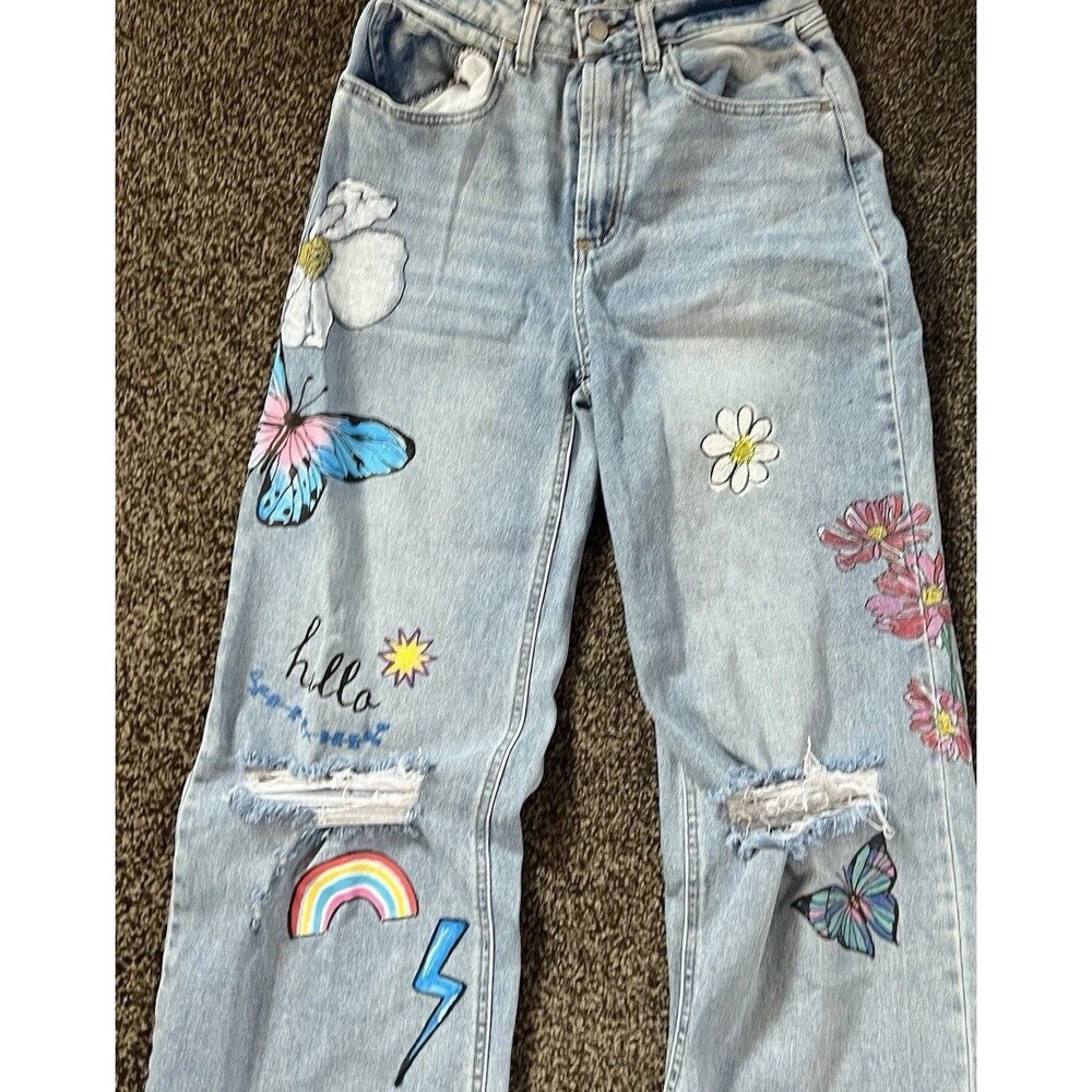 TINSELTOWN High Rise Wide Leg Distressed Butterfly Print Blue Jeans   9